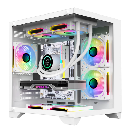 AOC CG391 boîtier PC MATX gaming, coque d’ordinateur avec vue panoramique, compatible refroidissement liquide 240 mm, 3 ventilateurs ARGB inclus